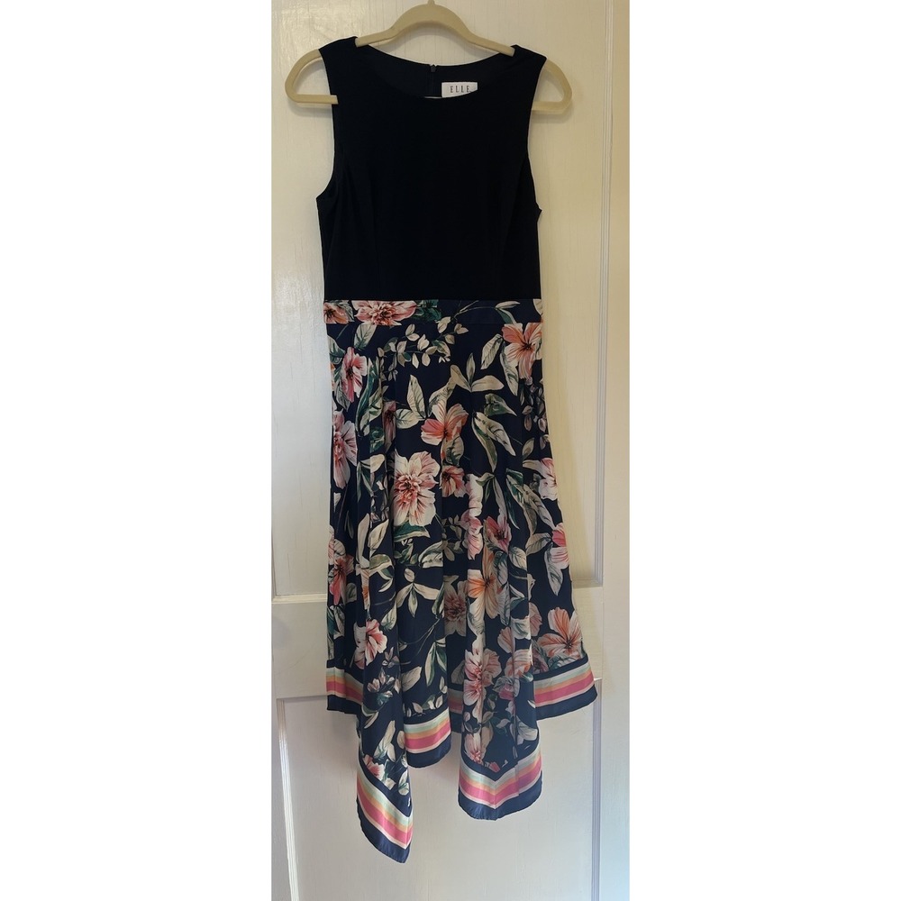 Elle Dress Navy Floral Handkerchief Hem Midi Zip up back Sz M Spring Bloomcore